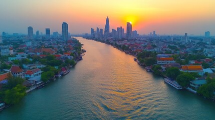 Canvas Print - Panoramic view of Bangkok Chao Phraya River at sunset with modern and historical buildings.