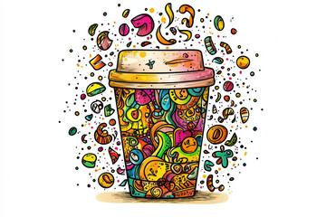 Wall Mural - vibrant hand drawn illustration of coffee cup with colorful doodles and patterns