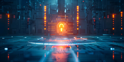 Cybersecurity concept with digital locks and binary code in a futuristic setting