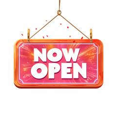 Aufkleber - A vibrant red and orange hanging sign announces a grand opening with the words Now Open.