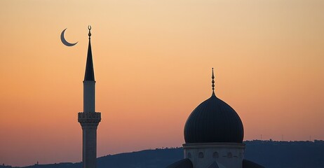 Wall Mural - Crescent moon over mosque at sunset, hills background, Ramadan