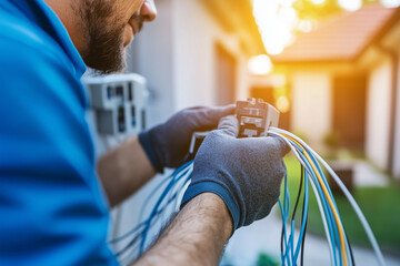 An internet technician connecting a fiber-optic line to a suburban home with copy space. Subtle afternoon light. Quiet neighborhood background. 