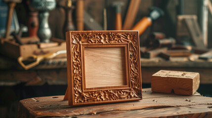 A hand-carved DIY wooden photo frame with elegant floral engravings, resting on a rustic wooden table with woodworking tools in the background.