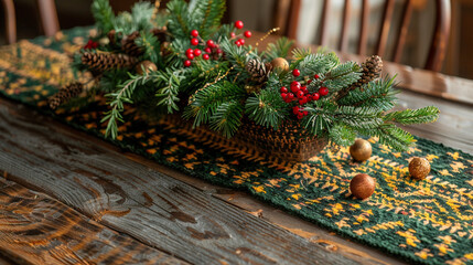 Sticker - A hand-knit holiday table runner in green and gold hues, intricately patterned, placed under a rustic wooden centerpiece filled with pine branches and red berries.