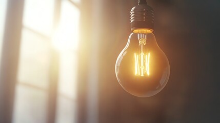 A glowing incandescent light bulb against a sunlit window background.