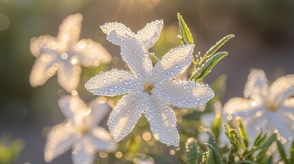 Wall Mural - soft focus image of a jasmine flower in full bloom, with water droplets on its petals, symbolizing p