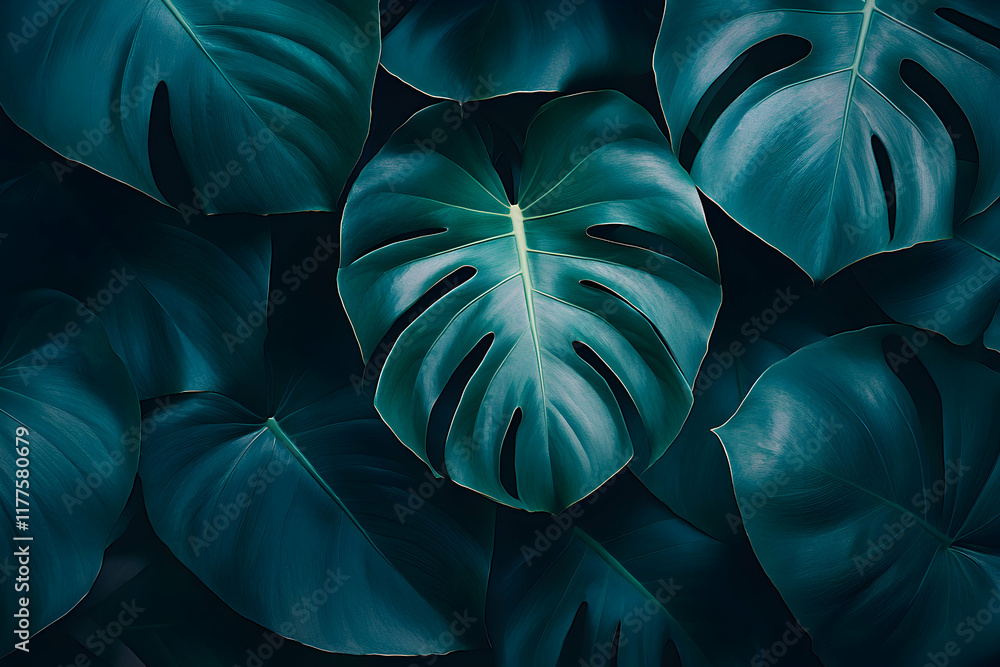 Lush, dark green Monstera deliciosa leaves create a vibrant tropical ...