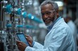 © neiros - A mature man with a digital tablet is inventing machinery in a laboratory