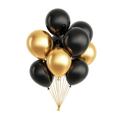 Elegant black and gold balloons cluster image isolated transparent. Black Friday event decoration cut out photo png. Formal celebration baloons cutout element object photography