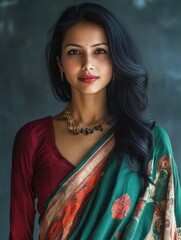 Wall Mural - Traditional Indian Brunette Woman in Colorful Cotton Saree with Floral Patterns Posing Against Textured Background in Soft Natural Light