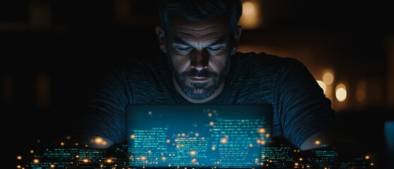 Wall Mural - night coder: a focused man working on a glowing laptop screen