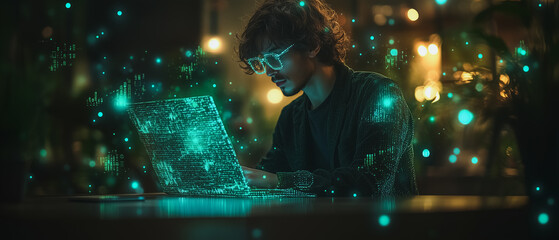nightcoder: a young man engrossed in his laptop, surrounded by a mesmerizing glow of teal particles,