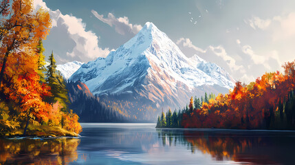 Majestic snowcapped mountain autumnal lake scene. Snowcap. Illustration