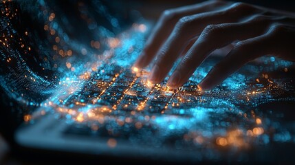 computer science engineer programming on a laptop at an office, managing data exchange systems and c