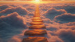 © CreativeIMGIdeas - Path to Enlightenment: A golden stairway ascends through ethereal clouds towards a radiant sunset, symbolizing a journey of spiritual growth and self-discovery.