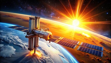 Wall Mural - Panoramic Space Station Orbiting Earth, Solar Energy Satellite, Sun Glow, Cosmos