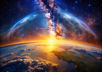Wall Mural - Panoramic Sunrise: Earth, Sun, Stars & Galaxy from Space
