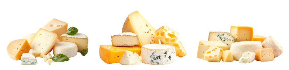 Wall Mural - Assorted cheese blocks including blue, gouda, and cheddar isolated on white transparent background. Concept of dairy products and gourmet food selection