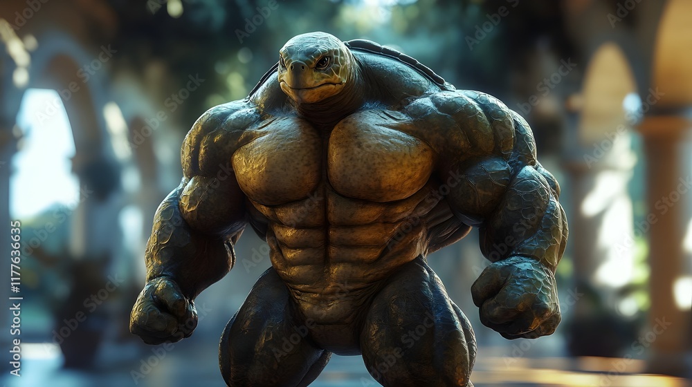 3D render of a muscular turtle bodybuilder in a cinematic Unreal Engine ...