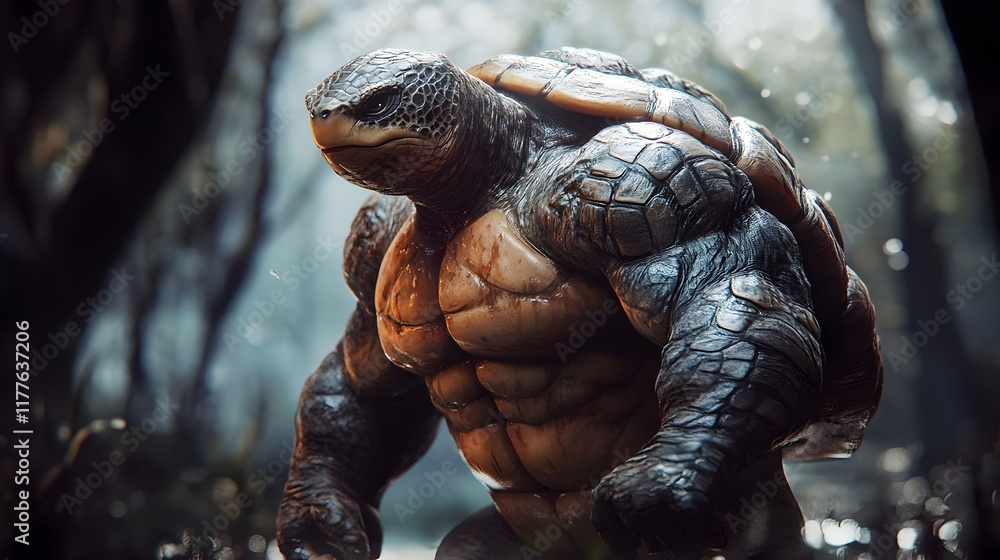 3D render of a muscular turtle bodybuilder in a cinematic Unreal Engine ...
