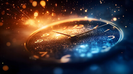 a clock face with its numbers and hands dissolving into a cosmic background of stars and galaxies, e