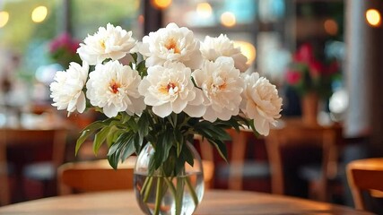 Aufkleber - A beautiful bouquet of white peonies sits elegantly in a glass vase on a table in a warm restaurant setting. The atmosphere is vibrant, perfect for a holiday gathering or special event.
