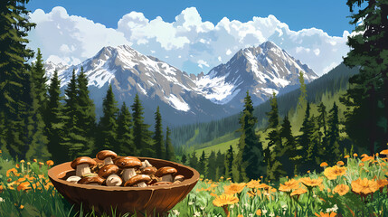 Alaskan wild mushroom stew in a rustic bowl, vast wilderness with snowcapped peaks. Snowcap. Illustration