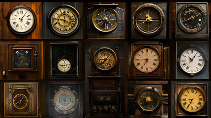 A montage of different clocks from various eras, arranged to show the evolution of timekeeping through history, from sundials to digital displays 