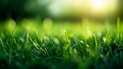 Poster - Lush green field with a bright sun shining down on it. The grass is short and well-maintained, giving the impression of a well-tended garden