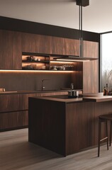 Canvas Print - Modern minimalist kitchen design with dark wood cabinets and island