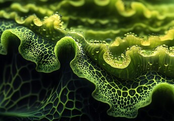 Wall Mural - A close-up of the texture and pattern on a green leaf with water droplets, summer background