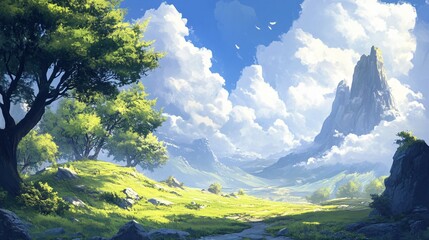 Wall Mural - Beautiful landscape with a mountain in the background and a tree in the foreground. The sky is cloudy, but the sun is shining through the clouds, creating a peaceful and serene atmosphere