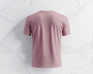 Back view of a dusty rose round neck t-shirt on a white cutout background, photorealistic