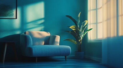 Wall Mural - Blue room with a white chair and a plant. The chair is a chaise lounge and the plant is a large green one. The room is bright and airy, with a window letting in natural light