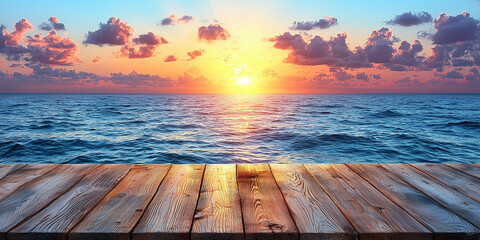 A wooden deck extending out over the ocean, with a beautiful sunset on the horizon.