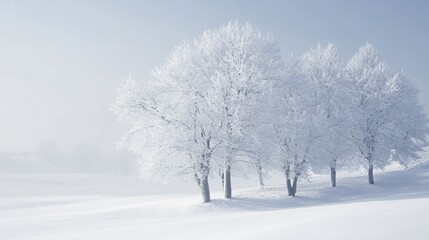 Wall Mural - Snowy field with three trees in the foreground. The trees are bare and covered in snow. The sky is clear and bright, creating a peaceful and serene atmosphere