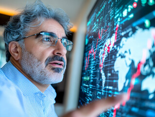 Wall Mural - Analyst reviewing global market data on large screen, office background