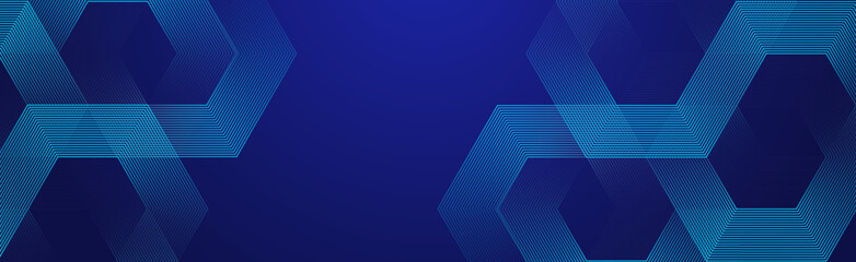Fototapete - Digital hexagonal blue abstract background. Digital futuristic technology concept with hexagons. Geometric stripe line art design for poster, brochure, cover, banner, website, header
