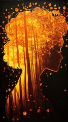 Poster - Mystical silhouette of a woman with a forest of golden leaves emerging from her hair