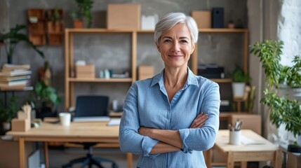 Aufkleber - Confident middle-aged woman in a modern workspace enjoying a productive day