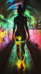 Poster - Woman surrounded by vibrant colors walking through an urban tunnel at night with a glowing silhouette