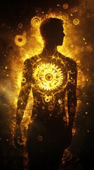 Aufkleber - Conceptual representation of a glowing man showcasing inner mechanisms and energy in a vibrant, surreal environment