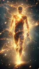 Poster - Man radiating vibrant energy, surrounded by glowing light in an abstract realm of creativity and expression