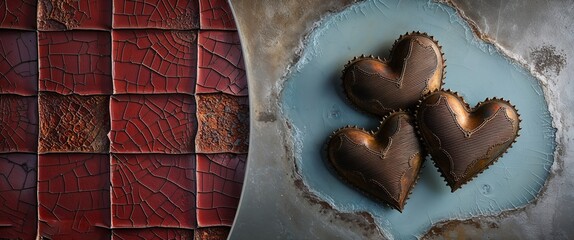 Wall Mural - Three Bronze Hearts on Rustic Metal Background