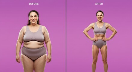 Wall Mural - Transformation journey of female adult caucasian achieving fitness goals before and after