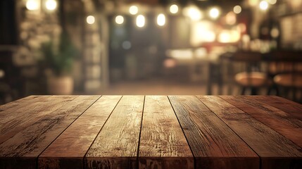 Wall Mural - wooden table in front of abstract blurred background with bokeh lights