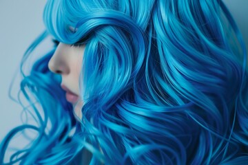 Woman with long blue hair is posing in a studio