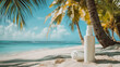 © Infinity Lens - Sunscreen bottles on a small stand on sea or ocean sand beach full of palm trees. copy space. sunblock spf skincare protection, white tube product, moisturizer, sunburn, uv.