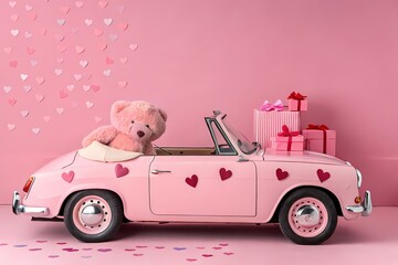 A pink vintage car decorated with hearts carrying a teddy bear and wrapped gifts, radiating love and romance in a playful and charming atmosphere against a matching pink background.