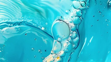 Wall Mural - A detailed close-up of blue water capturing the movement of fluid and air bubbles. The image shows the beauty and tranquility of water in an abstract way. Relaxation, freshness, summer concept.